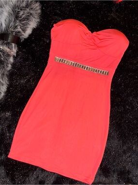 Strapless Coral Pink Bodycon Dress with Embellished Waist Y2K Bling Club Dress